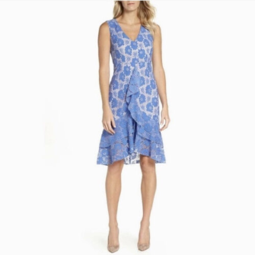 NWT!! CHELSEA28 Blue Floral Lace Ruffled Sheath Dress Special Occasion ~ X-Small